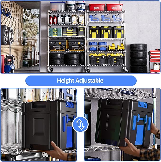 IZEUK 5-Tier Storage Shelving Unit with Wheels, Adjustable Heavy Duty Steel Wire Rack Organizer (Chrome, 17.7" D x 47.2" W x 76.7" H, 1750 lbs Capacity) for Garage, Kitchen, Pantry, Laundry, Basement