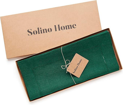 Solino Home Linen Rainforest Green Table Runner 72 Inches Long - 100% Pure Linen Hemstitch Table Runner 14 x 72 Inch for Dresser, Dining, Christmas, New Year - Classic Hemstitch