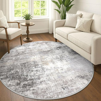 IOHOUZE Abstract Round Area Rug 6 Ft Washable Circle Rugs Large Round Rug Non Slip Thin Soft Circle Rugs, Printed Faux Wool Floor Carpet for Bedroom Living Room Dining Room Nursery, Grey Beige