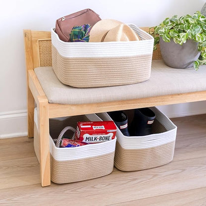 NaturalCozy Storage Baskets 16.8”x13”x7.6” Cotton Rope Woven Baskets for Organizing 3-Pack | Toy Storage Bins | Basket for Shelves, Laundry, Blanket, Clothes, Closet, Kitchen, Bathroom, Gifts