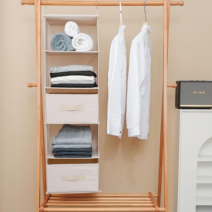 Large Hanging Sweater Organizer for Closet,Collapsible 6-Shelf Hanging Closet Shelves with Drawers, Washable (Beige -2 d)