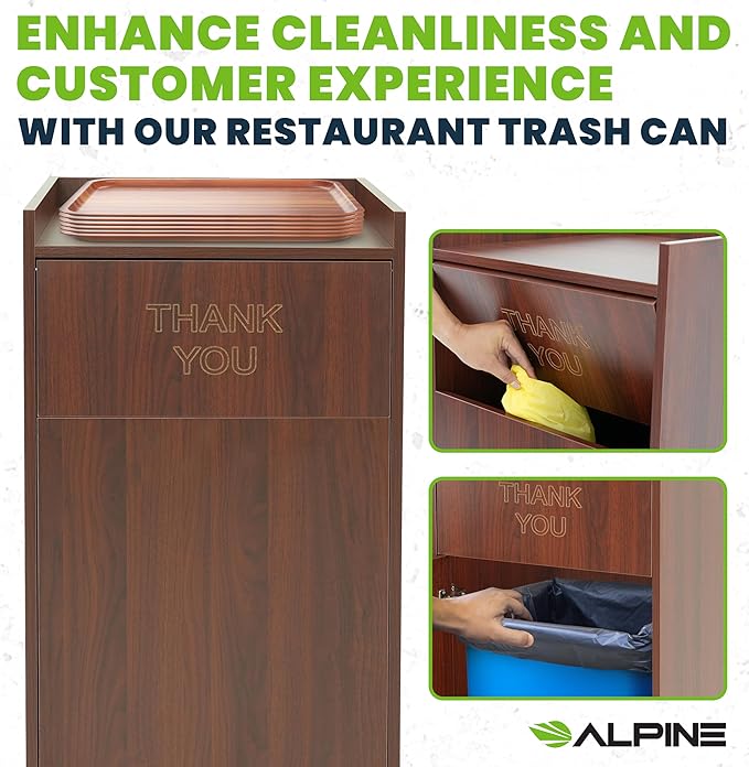 Alpine Restaurant Trash Can Cabinet - Commercial Trash Can 40 Gallon, Garbage Receptacle Indoor with Tray Holder for Restaurants, Cafeterias (Mahogany)