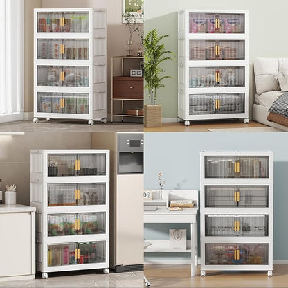 80Gal Stackable Plastic Storage Bins with Lids, Collapsible Closet Organizers and Storage with Wheels for Living Room,Office,Dorm 26.8" W x 14.4" D x 48.6" H, 4 Tier