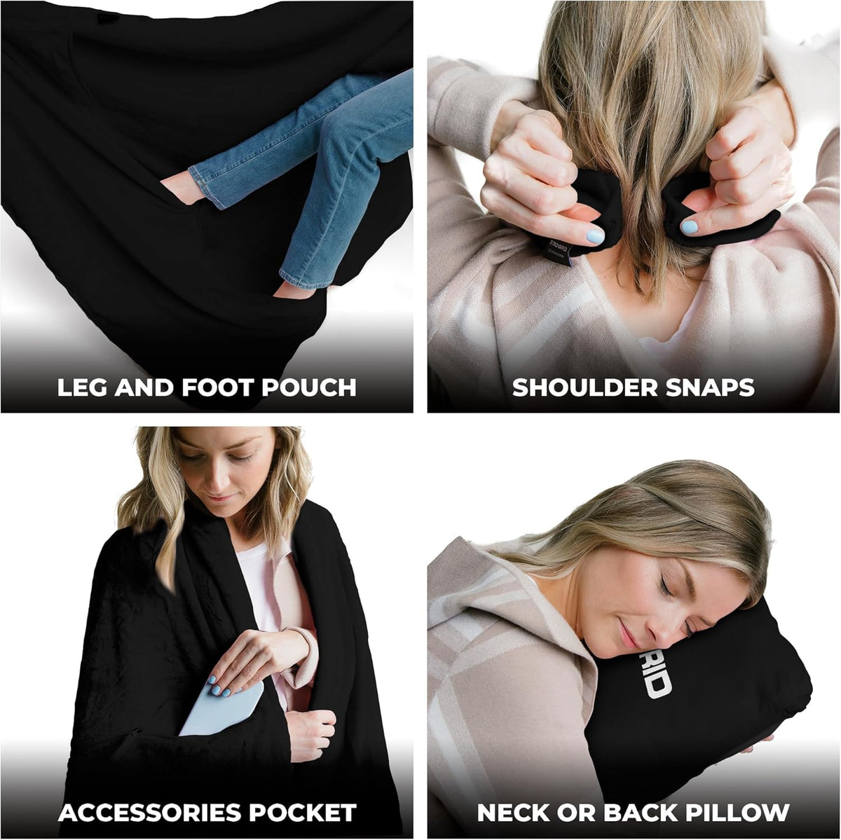 Lightweight Travel Blanket - Premium & Compact Airplane Wearable Blanket with Neck Snaps, Cozy Foot Pockets, Zipper Pouch - Converts into Soft Pillow - Designed for Ultimate Comfort - Midnight