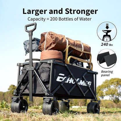 EchoSmile Collapsible Folding Wagon Cart with Compact Storage - 400LBS Capacity All Terrain Utility Cart for Camping, Beach, Grocery, Gardening - Black Outdoor Wagon