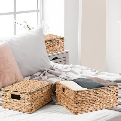 Wicker Storage Baskets with Lids and Handles, Hand Woven Rattan Storage Bins Box, Set 3 Natural Water Hyacinth Decorative Large Small Basket Container for Shelves, Bathroom Organizing