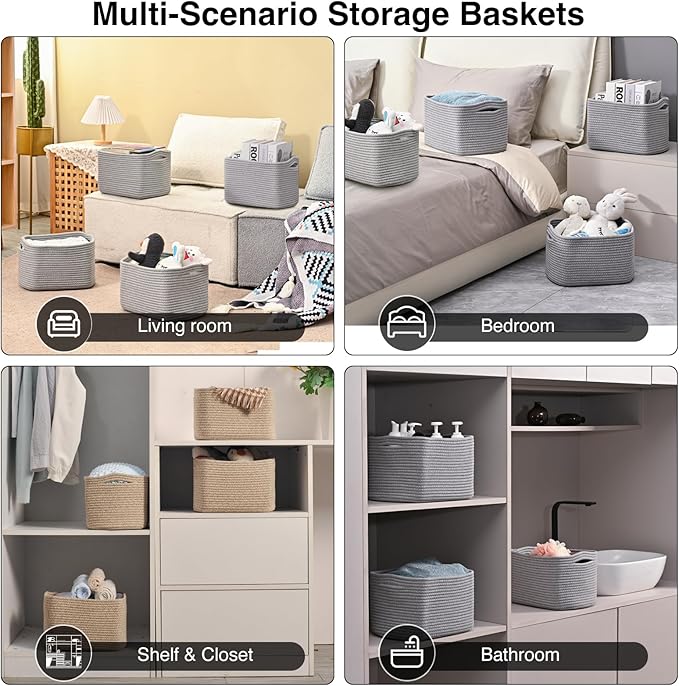 Small Storage Baskets for Shelves Organizing, Woven Cotton Rope Baskets for Storage, Book Basket, Decorative Shelf Basket, 12.5"Lx9.1''Wx7.9''H (4 Packs) Grey