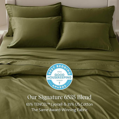 Double Stitch Cotton Tencel Duvet Cover - King Size Comforter Cover, Luxury & Soft Eucalyptus Lyocell Bedding Set for Hot Sleepers, Cooling, Smooth & Breathable, Button Closure, Olive Green, 106"x90"