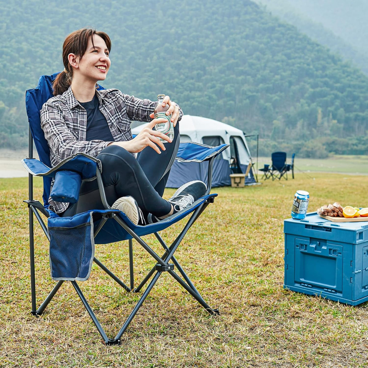 EVER ADVANCED High Back Folding Camping Chair Oversized and Fully Padded, Portable Quad Camp Lawn Chair Up to 400 lbs, with Cup Holder Armrest Carrying Bag