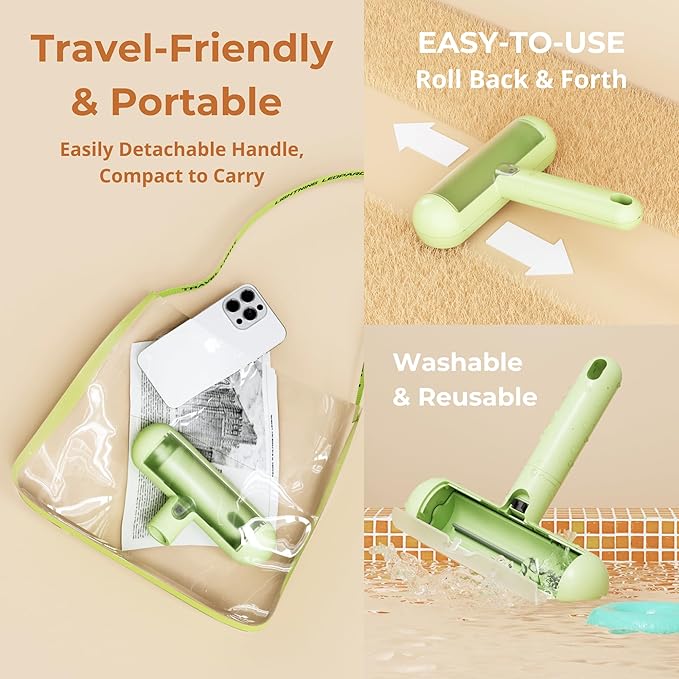 Reusable Pet Hair Remover - Lint Roller for Dog & Cat Fur - for Furniture, Carpet, Clothing - Detachable Handle (Green)