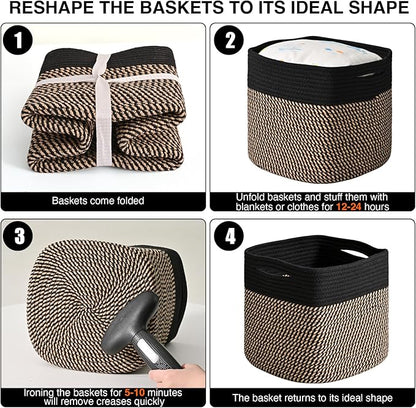 11 Inch Cube Storage Bins, Storage Cube Organizer Bins, Woven Cotton Rope Baskets for Storage, Storage Basket for Organizing Shelves, Square Baskets for Toys Nursery, Black & Jute (Pack of 3)