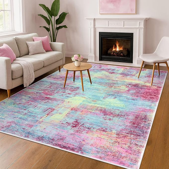 IOHOUZE Abstract Area Rugs 6x9 Ft Washable Rugs for Living Room, Non Slip Dining Room Rug, Printed Faux Wool Rugs for Bedroom, Floor Carpet for Office Nursery Playroom, Pink Teal