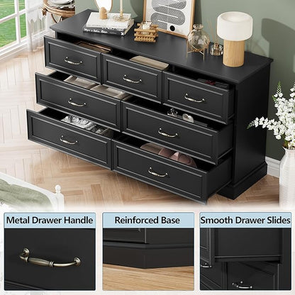 7 Drawer Dresser for Bedroom, 57" Wide Wooden Chest of Drawers, Rustic Farmhouse Dresser with Large Drawers & Metal Handles, Modern Storage Organizer for Closet, Living Room, Hallway, Black