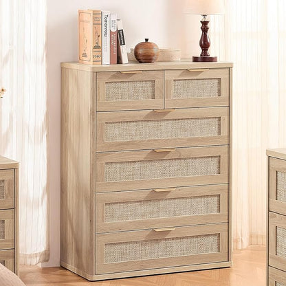 LEYAOYAO Rattan Dresser for Bedroom Set of 2, 42" Tall Chest of Drawers, Modern 6 Drawers Boho Dressers with Storage, Light Oak Dresser Wooden Closet Organizer for Living Room, Hallway, Natural Wood