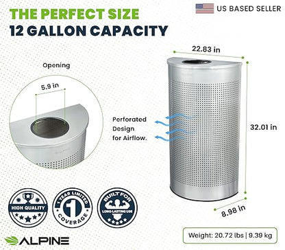 Alpine Half Round Trash Can Open Top - Modern 12 Gallon Stainless Steel Space Saving Indoor Commercial Trash Can, Narrow Garbage Can for Bathroom. Office, Lobby and Business.
