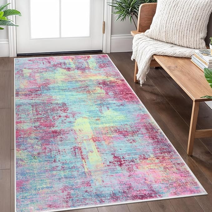 IOHOUZE Abstract Area Rug 3x5 Ft Washable Rugs for Entryway Indoor, Non Slip Kitchen Rug Printed Faux Wool Throw Rugs, Indoor Door Mat for Door Entrance Foyer Living Room, Pink Teal
