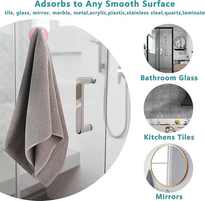Suction Cup Hooks for Shower,Removable No Drill Towel Hooks,Upgraded 15 lbs Strong Suction hooks for Bathroom Tile,Shower Wall,Glass Door,Kitchen-Loofah,Coat,Stainless Waterproof-Pink White 2 Pcs