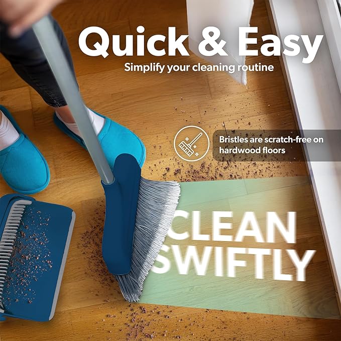 BLACK+DECKER Butler Broom & Dustpan Set - Stand-Up Design - Lightweight, Space-Saving Combo for Kitchen, Living Room, Bathroom, Lobby Floors - Home Cleaning Essential, Ocean Blue