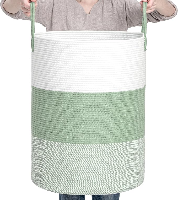 CLHMILY&Z 100L Laundry Basket Round Storage Rope Basket - 18.1x24 Inches - Green Hamper in Bedreoom and Cute Storage Bin for Blankets, Toys, and Nursery Essentials