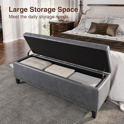 Storage Ottoman Bench, 51-Inch Large Storage Ottoman for Bedroom End of Bed, 30 Gallons Faux Leather Bench for Bedroom, Living Room, Entryway, Hallway, Grey