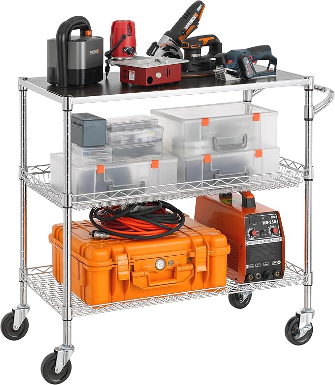Finnhomy 3 Tier Heavy Duty Commercial Grade Utility Cart with Wood Top, Wire Rolling Cart with Wheels and Handle Bar, Kitchen Carts on Wheels, 18x36x35.4 H Metal Cart with 600 LBS Capacity, Chrome