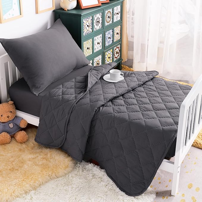 NTBAY Toddler Bedding Set - 4 Piece Soft and Breathable Crib Bedding Set for Boys and Girls, Includes Quilted Comforter, Fitted Sheet, Flat Top Sheet and Envelope Pillowcase, Dark Grey