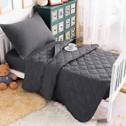 NTBAY Toddler Bedding Set - 4 Piece Soft and Breathable Crib Bedding Set for Boys and Girls, Includes Quilted Comforter, Fitted Sheet, Flat Top Sheet and Envelope Pillowcase, Dark Grey