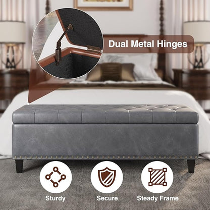 Storage Ottoman Bench, 51-Inch Large Storage Ottoman for Bedroom End of Bed, 30 Gallons Faux Leather Bench for Bedroom, Living Room, Entryway, Hallway, Grey