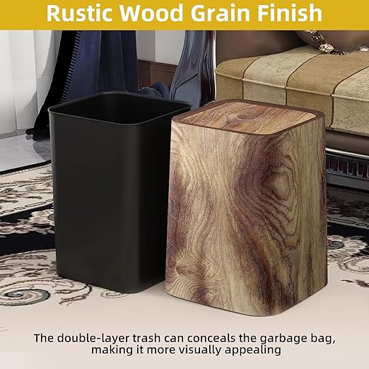 Wood Grain Plastic Trash Can Swing Top Lid, 4Gal/15L Farmhouse Wastebasket Bin Retro Style with Inner Bucket, Bathroom Trash Can Hidden Bag for Room Aesthetic, Square Brown Garbage Can 2pack
