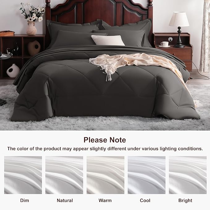 NTBAY Queen Comforter Set with Sheets, 7 Pieces Soft and Breathable Queen Bedding Set, Bed in a Bag, Down Alternative Comforter Set Solid Color All Season, Queen Bedding Set, Dark Grey