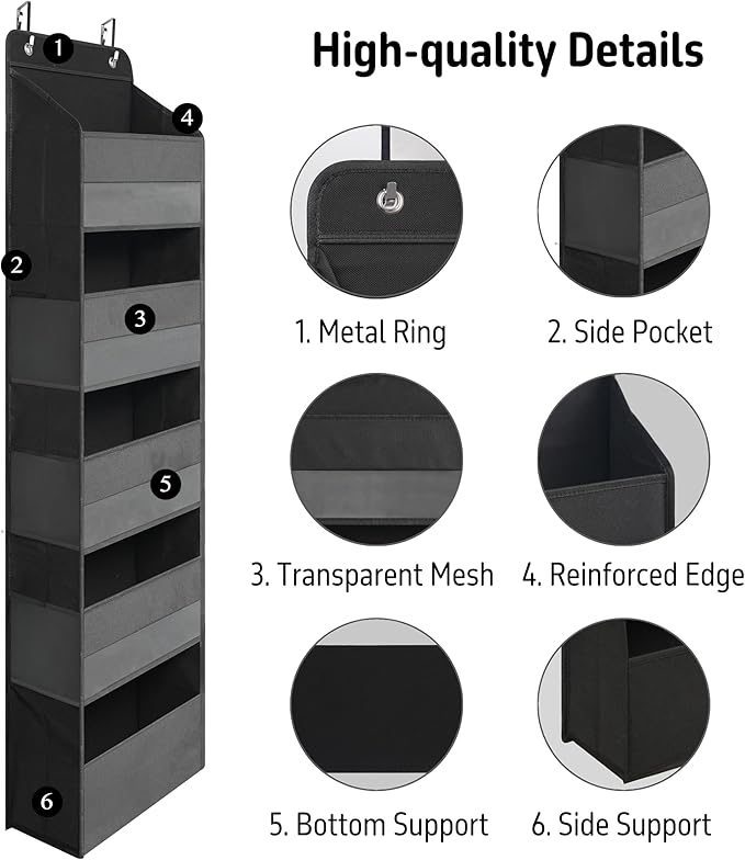 Over Door Organizer with 5 Large Pockets, Heavy Duty Hanging Organizer Storage, Closet Bathroom Nursery Bedroom Dorm, Toys Cosmetics Sundries and Baby Essentials, Black