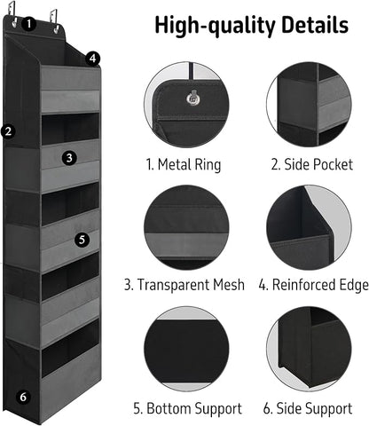 Over Door Organizer with 5 Large Pockets, Heavy Duty Hanging Organizer Storage, Closet Bathroom Nursery Bedroom Dorm, Toys Cosmetics Sundries and Baby Essentials, Black