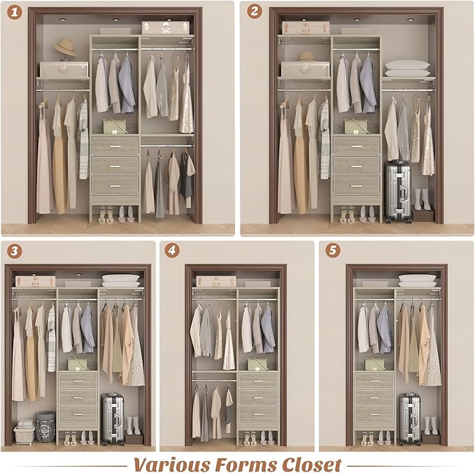 4FT Small Closet System with 3 Fabric Drawers, 48'' Closet Organizer System With 3 Adjustable Shelves, Flexible Built-In Clothes Garment Rack for Small Space, 48"L x 13"W x 71"H, White Oak