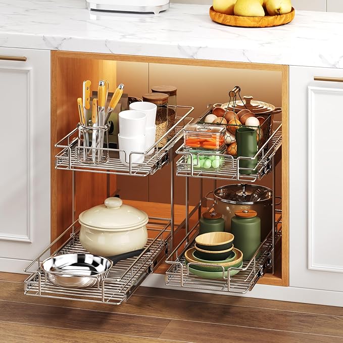 2 Tier Individual Pull Out Cabinet Organizer 9" W x 21½" D, Heavy Duty Cabinet Pull Out Shelves, Slide Out Drawers Organization for Kitchen Cabinets Bathroom