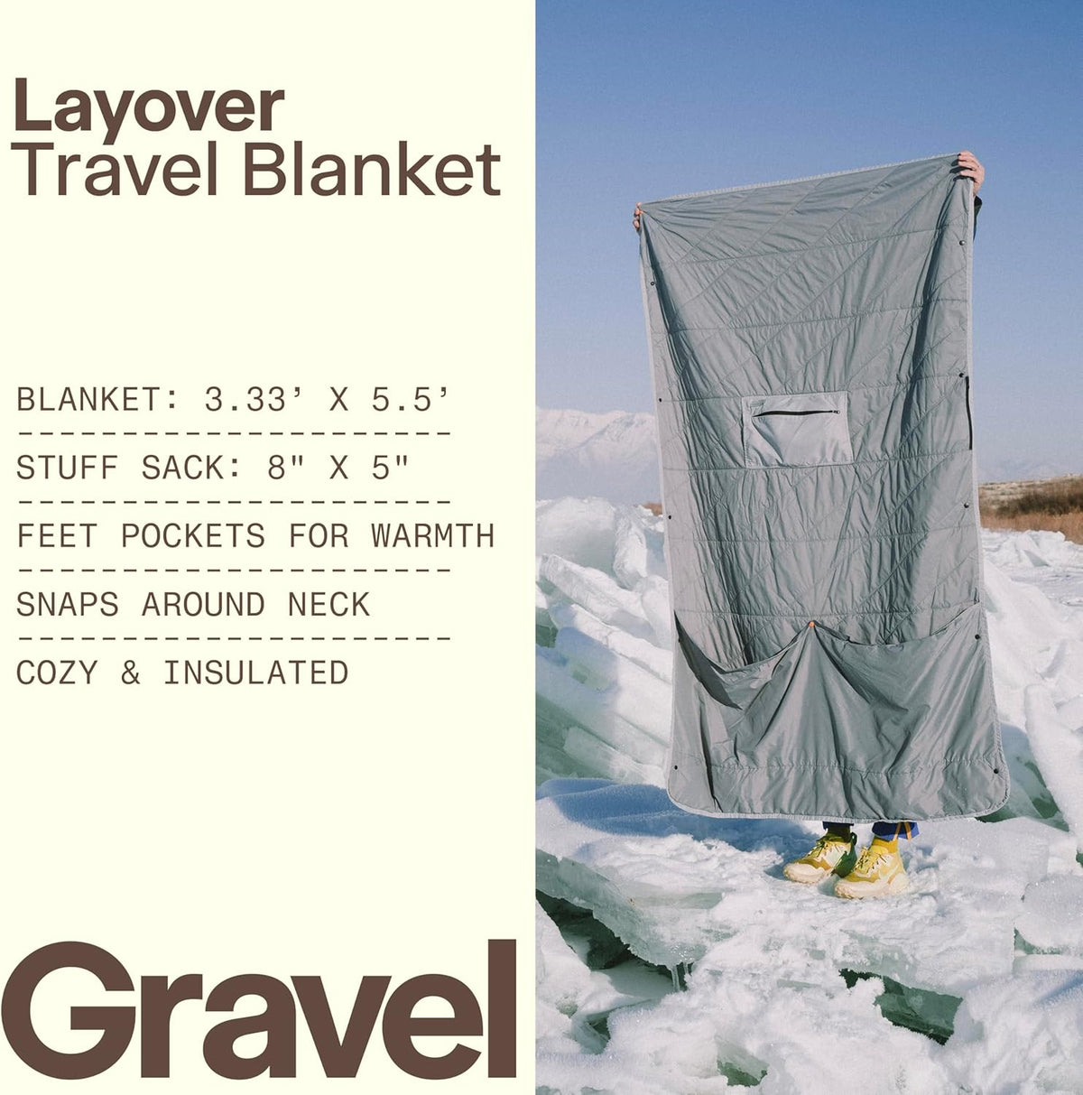 Gravel Layover Travel Blanket – Lightweight, Compact, and Warm with Carry Pouch (Gray)