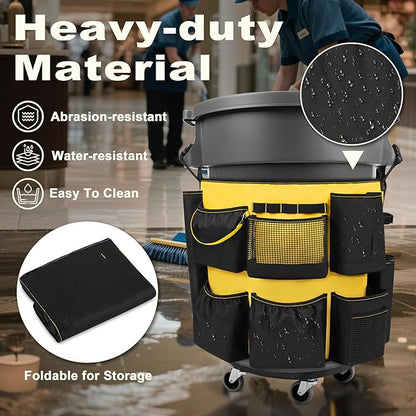 32-55 Gallon Trash Can Caddy Bag, Garbage Bin Apron Caddy with Multiple Pockets for Cleaning Supplies, Cleaning Tool Organizer with Adjustable Buckle for Janitorial Trash Can, Black+Yellow