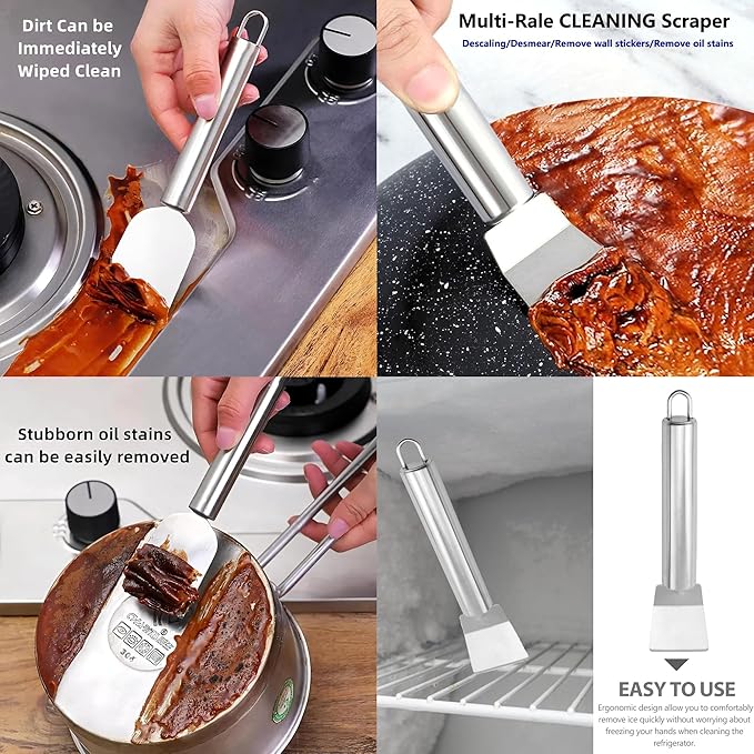 2 PCS Stainless Steel Scrapers – Multifunctional Scraper Cleaning Tool for Cookware, Stovetop, Adhesive, Oven Racks, Grout, Grill & Glass, Durable Scraper for Kitchen & Home, Fridge Cleaning