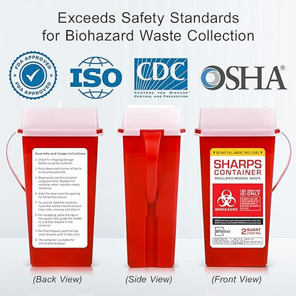 Sharps Container Large - Sharps Containers for Home Use and Labs - Portable Needle Disposal and Travel Size Biohazard Bin - 2 Quart (Pack of 3)