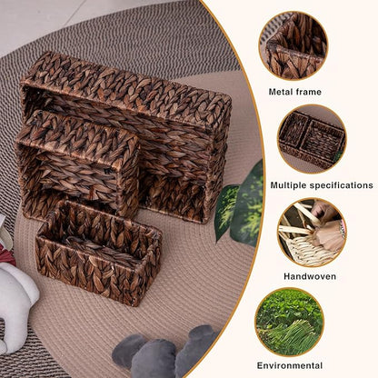 Handwoven Wicker Storage Baskets Set, Natural water hyacinth & Iron Frame | Triple Sizes (Small, Medium, Large) for Home Organizing, Bathroom, Shelves | Woven Baskets for Storage & Decor (Dark Brown)