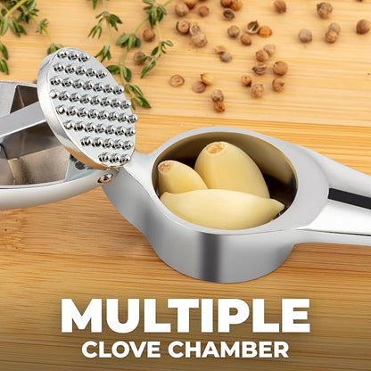 Zulay Kitchen Large Premium Garlic Press Set – Rust Proof & Dishwasher Safe, Bigger Bowl Garlic Mincer Tool with Silicone Garlic Peeler & Brush, Easy Squeeze & Clean, Ergonomic Handle - Chrome