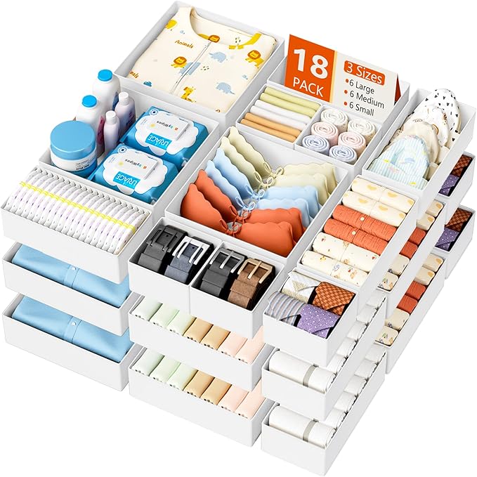 DIMJ Drawer Organizer Clothes - 18 Pack Baby Dresser Organizer for Nursery, Foldable Drawer Organizer Bins for Closet Bedroom Organization, Fabric Clothes Storage Dividers for Underwears, Socks, Bras