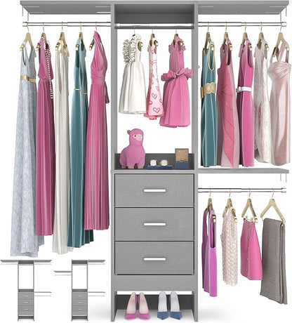 4FT Small Closet System with 3 Fabric Drawers, 48'' Closet Organizer System With 3 Adjustable Shelves, Flexible Built-In Clothes Garment Rack for Small Space, 48" L x 13" W x 71" H, Grey