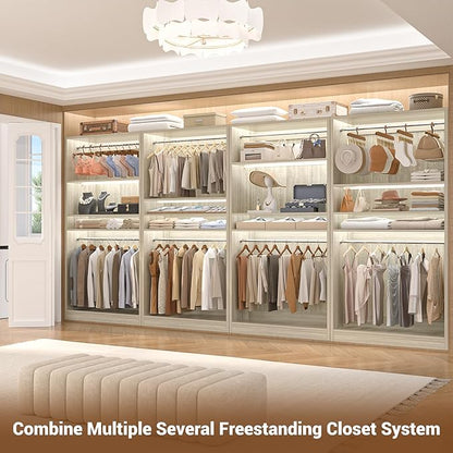 Unikito 3FT Freestanding Closet System with 2 Hanging Rods & Adjustable Shelve, 36'' Wood Closet Organizer System, Clothes Garment Rack, Sturdy Walk-in Closet Wardrobe Tower, Easy Assembly, White Oak