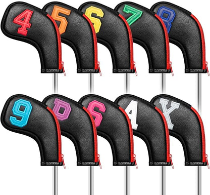 wosofe Golf Head Covers for Iron Headcover with Zipper Black Leather 10pcs Set Colorful Number Embroideried PU Leather Waterproof Fit All Brands