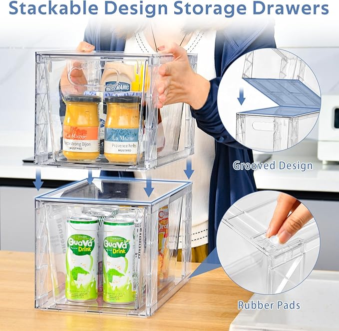 Plastic Drawers Storage, 4Pack Clear Stackable Storage Drawers, Acrylic Storage Bins with Drawers for Fridge Organizers, PlasticDrawers Stackable for Makeup Organizers Cosmetic Display, Large