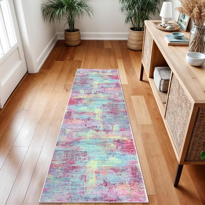 IOHOUZE Abstract Runner Rug 2x7 Ft Washable Runners for Hallways, Non Slip Kitchen Runner Printed Faux Wool Entryway Runners Indoor, Modern Abstract Floor Carpet for Hall Kitchen Bedroom, Pink Teal