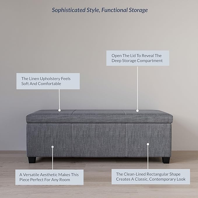 BELLEZE Storage Ottoman, 47 Inch Bench Bedroom Bench with Safety Close Hinge, Extra Long Ottoman with Storage for Living Room, Entryway, Hallway, Foot Rest, Support 300lbs - Gray