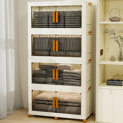 4 Tier Extra Large Stackable Storage Bins with 1 Lid 155 QT/Tier, Collapsible Plastic Box Storage Bin with Wheels, Home Containers Boxes Closet Organizers for Living Room, Office, Dorm