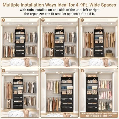 Aheaplus Closet System, 4-9Ft Closet Organizer with 4 Wooden Drawers, Wood Closet Organizer System with Tower, Walk-in Closet Organizer Wardrobe Clothes Rack with 4 Hanging Rods, Garment Rack, Black