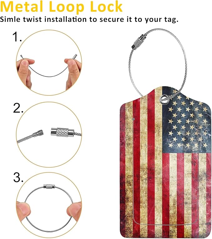 2 Pack Luggage Tag for Suitcase,Retro USA Flag PU Leather Suitcase Tags Identifiers with Privacy Name Address Labels and Durable Steel Loop for Women Men Travel